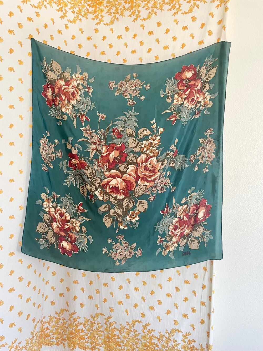 Vintage Club 7 Floral Scarf Emerald Green 30 Inch Square